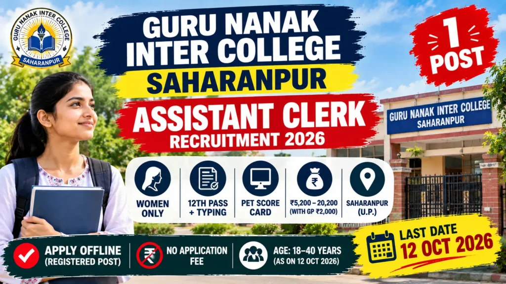 Guru Nanak Inter College Saharanpur 2026 notification for single Assistant Clerk post