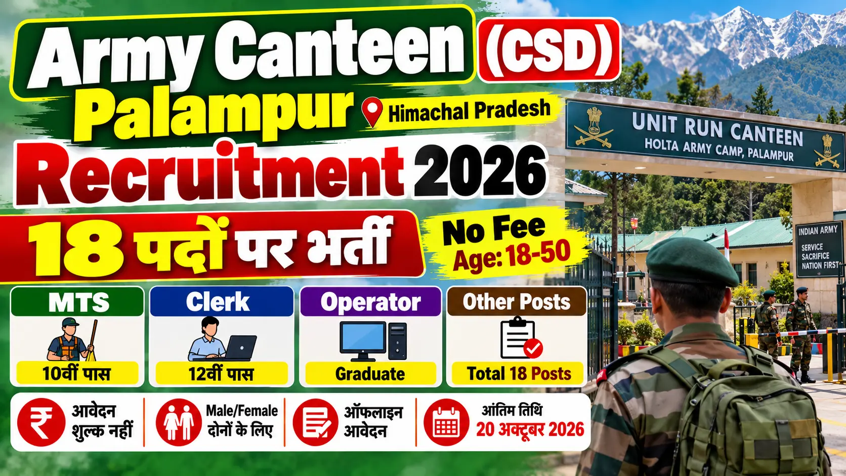 Army Canteen Palampur Recruitment 2026: 18 MTS, Clerk & Operator Posts ...